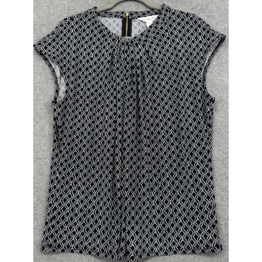 Navy Blue Geometric Print Blouse XL Short Sleeve Stretch Work Top‎